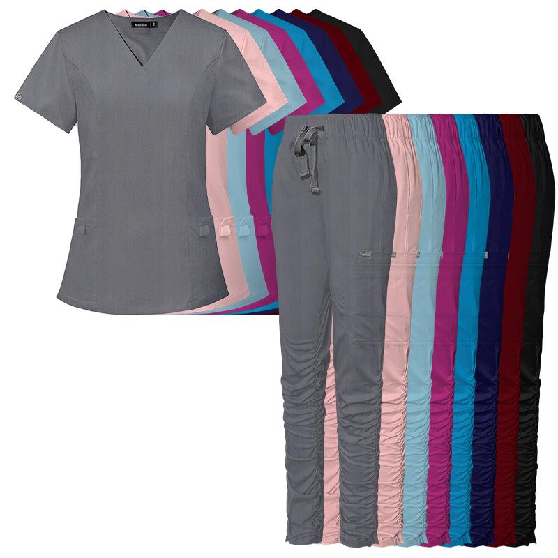 医療用ユニフォーム レディース スクラブ 半袖 Vネック 上下セット 歯科クリニック 病院 介護士 看護師 吸湿速乾 伸縮性 ポリエステル素材