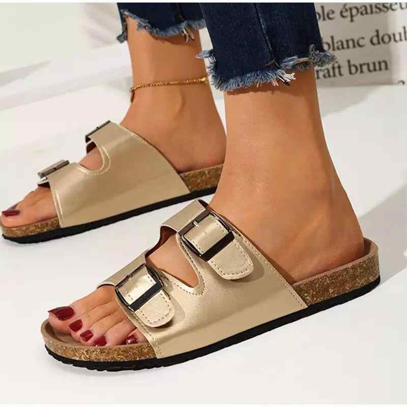 サンダル レディース 女性用 カップル ペア コルク ワンストラップ ベルトバックル スリッポン PUレザ..