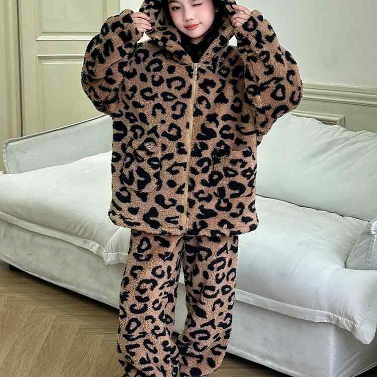 パジャマ 女の子 キッズ ジュニア フード付き 秋冬 保温 厚手 ヒョウ柄 両面フリース もこもこ 上下セット ルームウェア 部屋着 カジュアル 快適