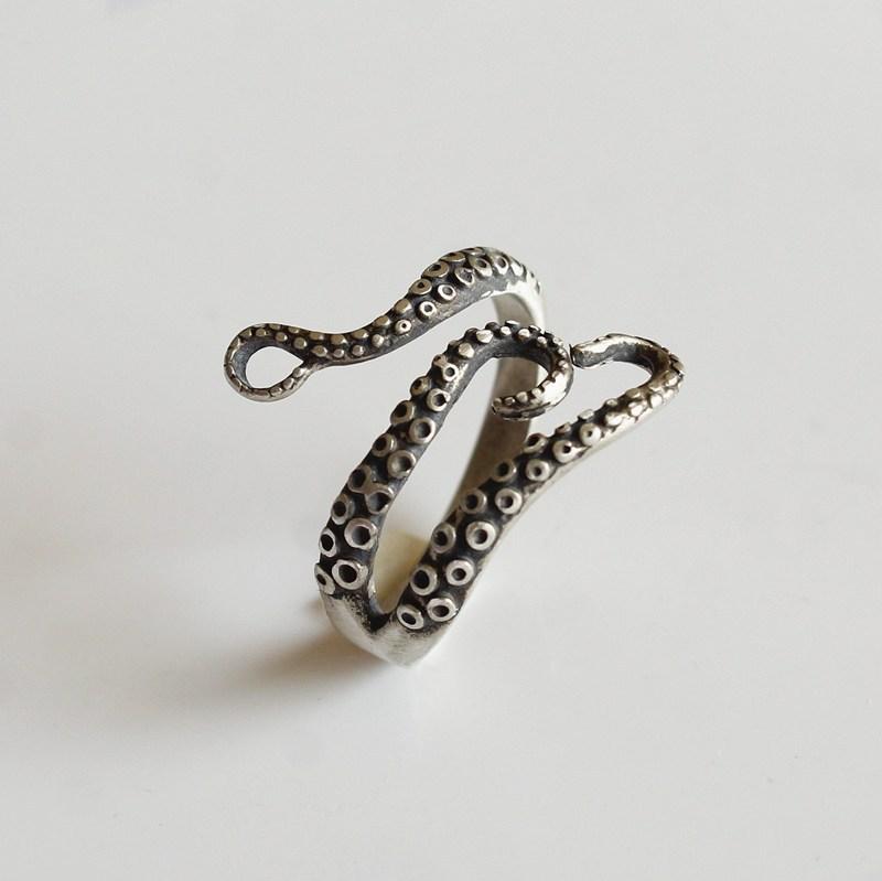 指輪 男女兼用 925シルバー 純銀製 オクトパスモチーフ オープンリング サイズ調整可能 レトロ パンク ..