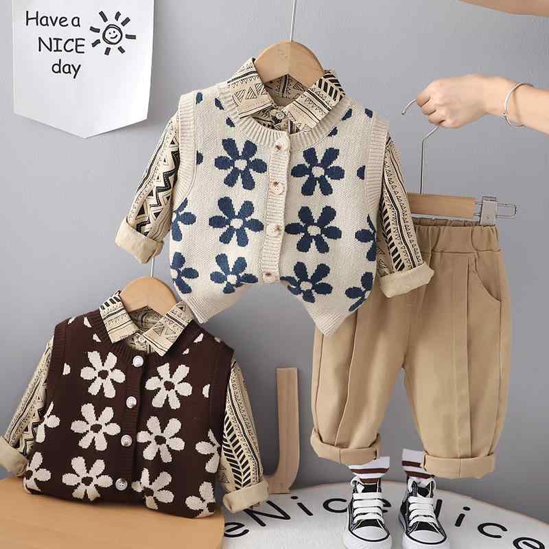 楽天way-ugo子供服 男の子 ベビー 幼児 男児 キッズ 綿100％ 長袖 前開き シャツ ニット セーター ベスト ジレ スリーピース レトロ ヴィンテージ 花柄 カジュアル 普段使い アイボリー カーキ 春秋 セットアップ