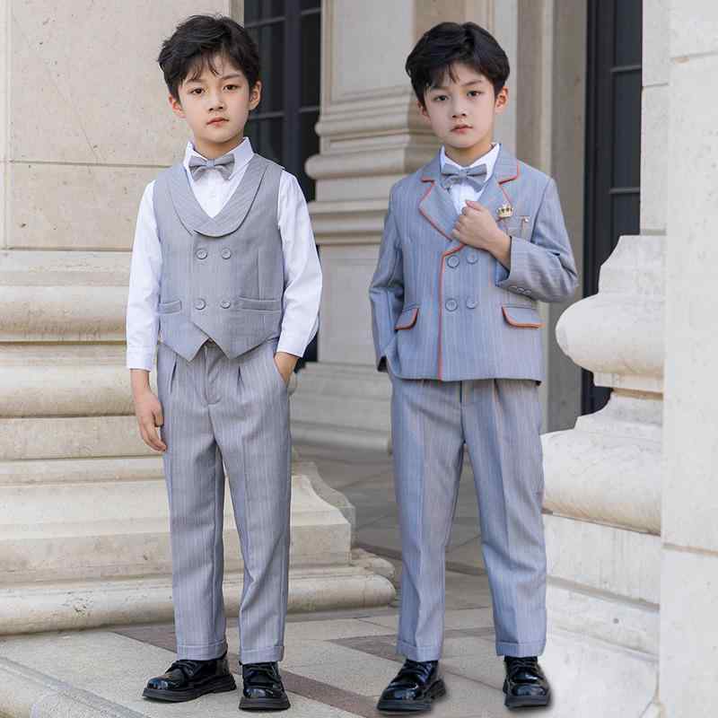 スーツ 男の子 子供用 秋冬 英国風 ストライプ柄 かっこいい フォーマルウェア セットアップ 発表会 結婚式 入学式 卒業式 七五三 パーティー セレモニー 小学生 園児向け ポリエステル グレー