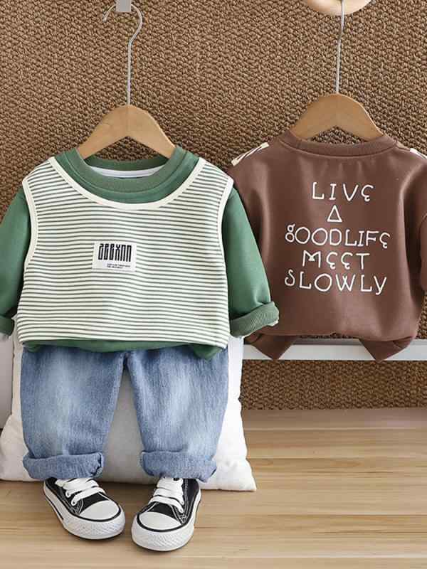 セットアップ 男の子 キッズ 子供 韓国風 長袖 ストライプ ベスト ジレ トレーナー スウェット プルオ..