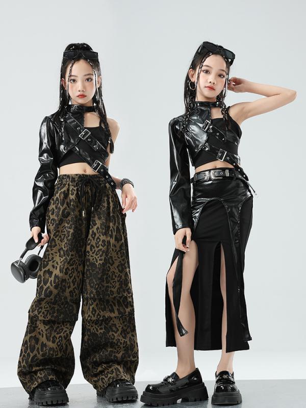 キッズ 女の子 ジュニア ダンス衣装 クール ブラック レザー ワークジャケット ヒョウ柄 カーゴパンツ ポリエステル セットアップ 舞台 発表会 ストリート カジュアルウェア