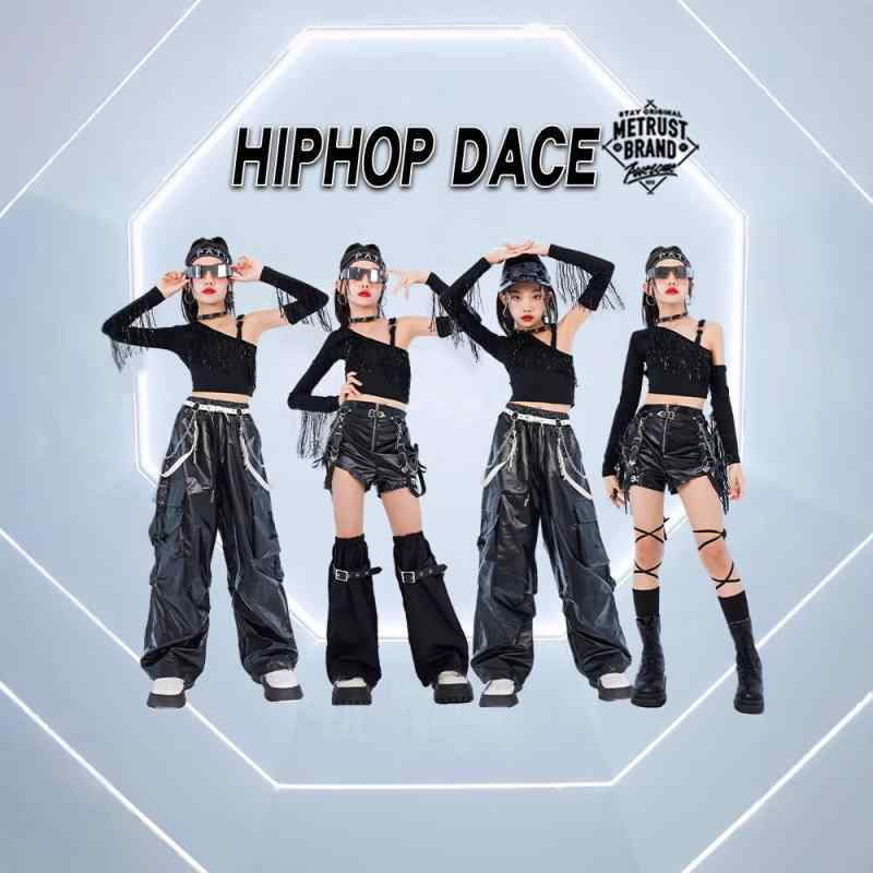 キッズ ガールズ 女の子 ダンスウェア ジャズ ストリート ヒップホップ 発表会 舞台 衣装 ワンショルダー フリンジ 長袖 ショートパンツ セットアップ ブラック レザー調 おしゃれ かっこいい 春秋
