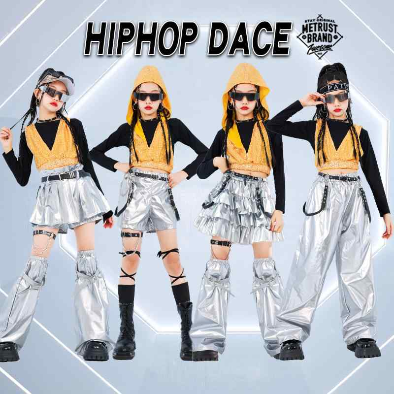 キッズダンス衣装 女の子 ガールズ シルバー メタリック 光沢 レザー調 ジャズ ヒップホップ ストリート ステージ 発表会 パフォーマンス モデル セットアップ ポリエステル トレンディ