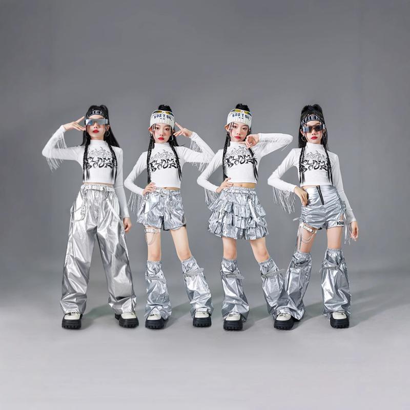 ダンス衣装 女の子 キッズ ジャズダンス ヒップホップ ストリートダンス 発表会 舞台 ステージ メタリック 光沢 シルバー フェイクレザー トレンド セットアップ 上下セット ポリエステル 春秋