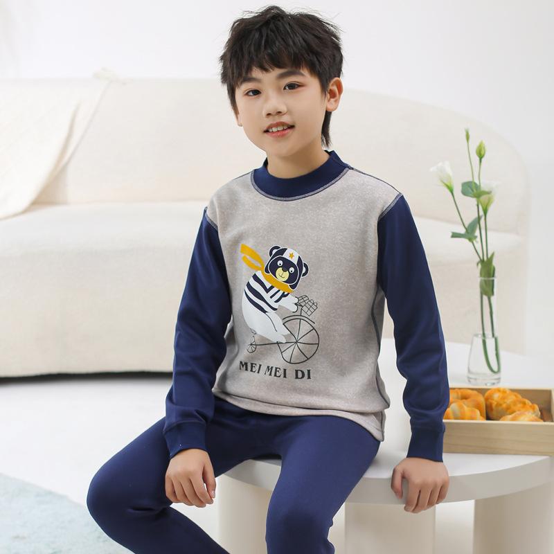 インナーウェア 子供 ジュニア 男の子 裏起毛 厚手 保温 暖かい 丸首 クルーネック ポリエステル 部屋着 ルームウェア パジャマ 上下セット 冬 秋冬物 通...