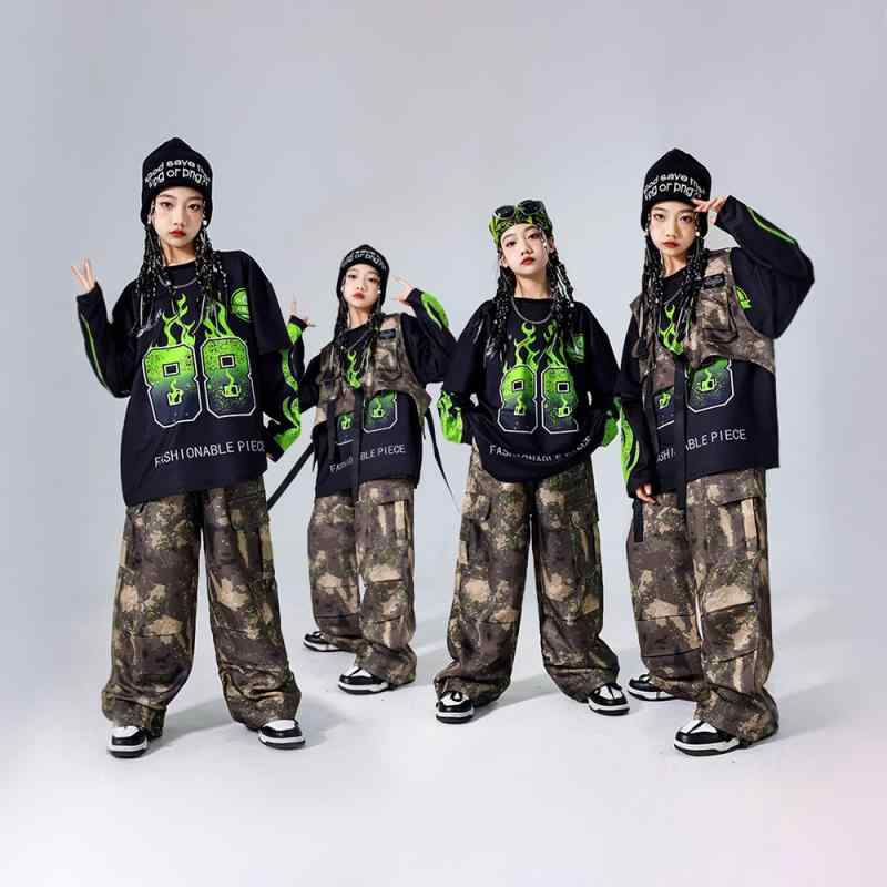 キッズ 男の子 女の子 ヒップホップ ストリートダンス 衣装 迷彩柄 ベスト ダンスウェア ドラム発表会 ..