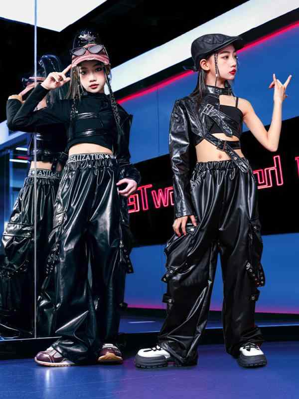 子供 女の子 ダンスウェア ジャズダンス ヒップホップ ステージ衣装 セットアップ PUレザー クール かっこいい おしゃれ 韓国ファッション 発表会 ランウェイ 春秋