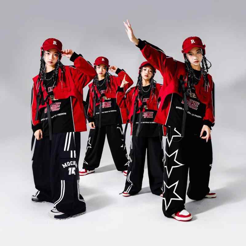キッズ ダンス衣装 男の子用 ヒップホップ ストリートダンス 赤 レッド ベスト セットアップ 春秋 発表..