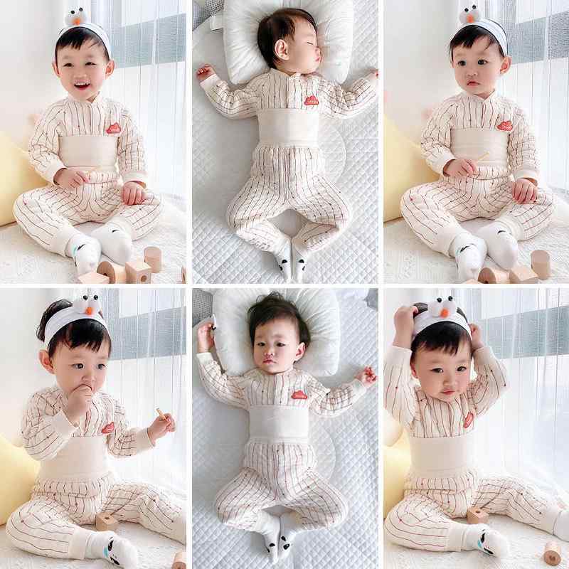 ベビー肌着 赤ちゃん 保温 インナーウェア 上下2点セット ハイウエスト 腹巻付き 中綿入り キルティング ルームウェア パジャマ モダール素材 男女兼用 ふわふわ あったか 冬物