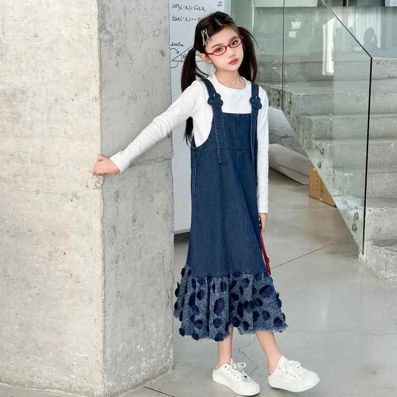 ジャンパースカート 女の子 デニム セットアップ ガールズ ジュニア 2点セット カジュアル かわいい 長袖 サロペット 韓国風 春秋 綿混 ポリエステル 無地 ブルー お出かけ 通学 普段使い ゆったり ガーリー