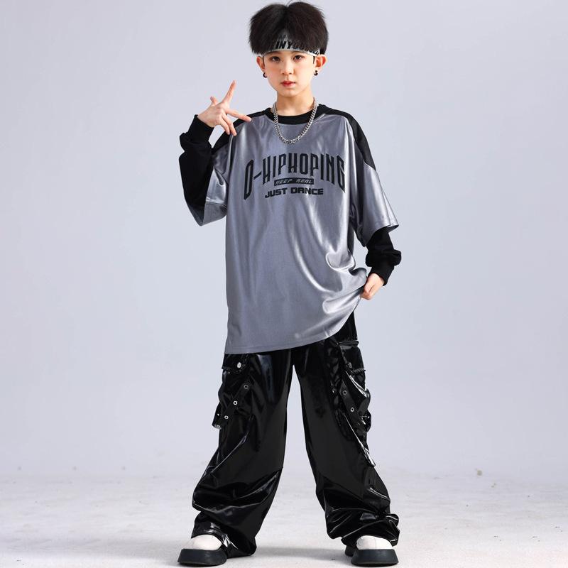 ダンスウェア キッズ 子供 男の子 女の子 男女兼用 ヒップホップ ストリートダンス 衣装 パフォーマンス 発表会 演出服 練習着 おしゃれ かっこいい セットアップ 上下セット 半袖トップス スウェットシャツ ロングパンツ フェイクレザー ポリエステル