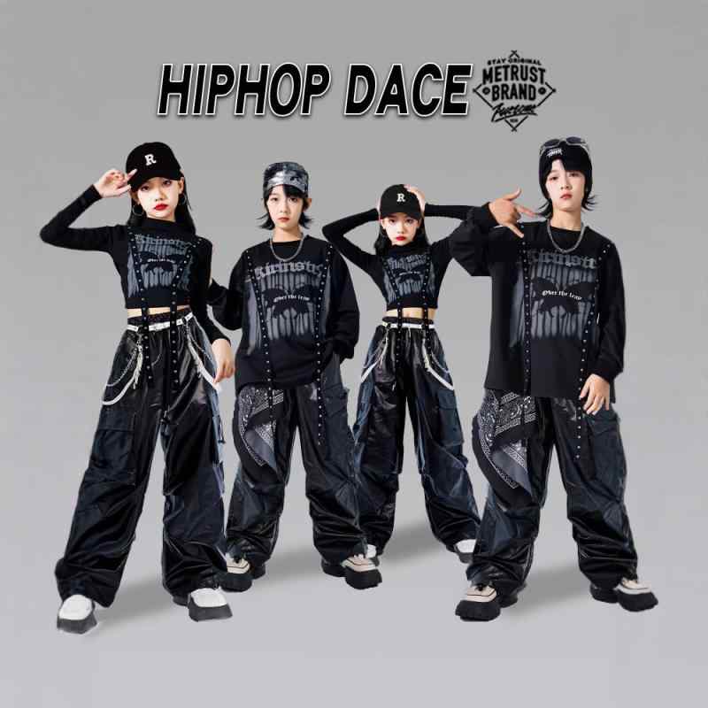 ダンスウェア キッズ 男の子 女の子 ヒップホップ ジャズダンス ストリートダンス 衣装 セットアップ 光沢 レザー風 黒 ブラック 発表会 ステージ パフォーマンス 練習着 かっこいい