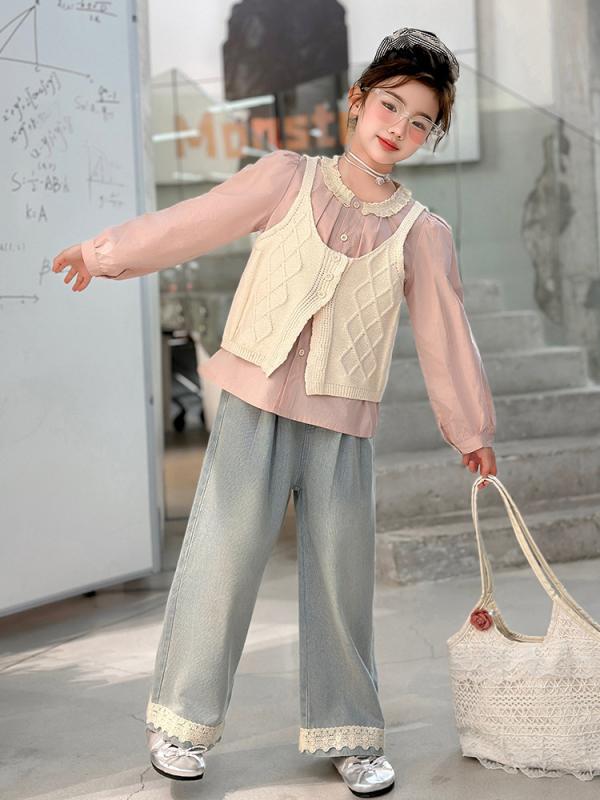 キッズ ガールズ 3点セット 淡色系 スイート 無地 フリル 長袖トップス ニットキャミソール ロングパン..