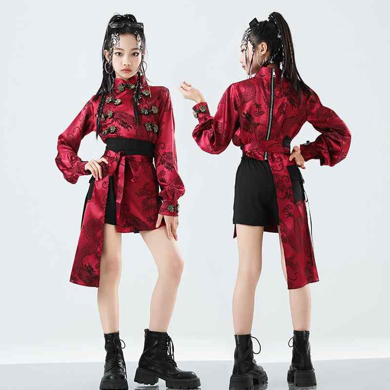 ダンスウェア キッズ 女の子 ストリートダンス ヒップホップ ジャズ 武侠 中国風 発表会衣装 ステージ..