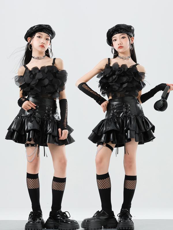 キッズ 女の子 ダンス衣装 ジャズダンス ブラック 発表会 舞台 ステージ パフォーマンス 花びらトップス フェイクレザースカート おしゃれ セットアップ