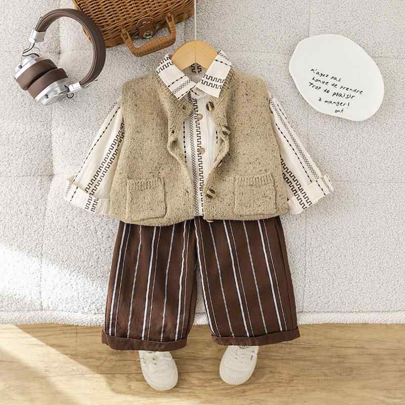 セットアップ 男の子 ベビー服 キッズ 春秋 ミラード風 韓国風 ポケット ニットカーディガン セーター ..