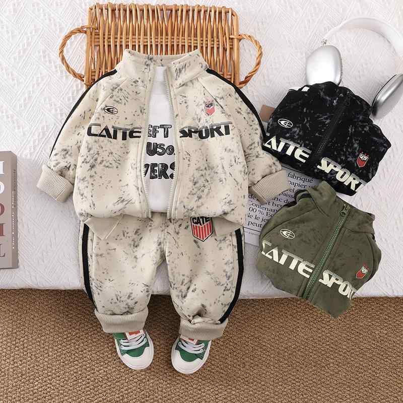 キッズ 男の子 春秋 スポーツ ベースボールウェア 長袖 アルファベット マーブル柄 3点セット セットア..
