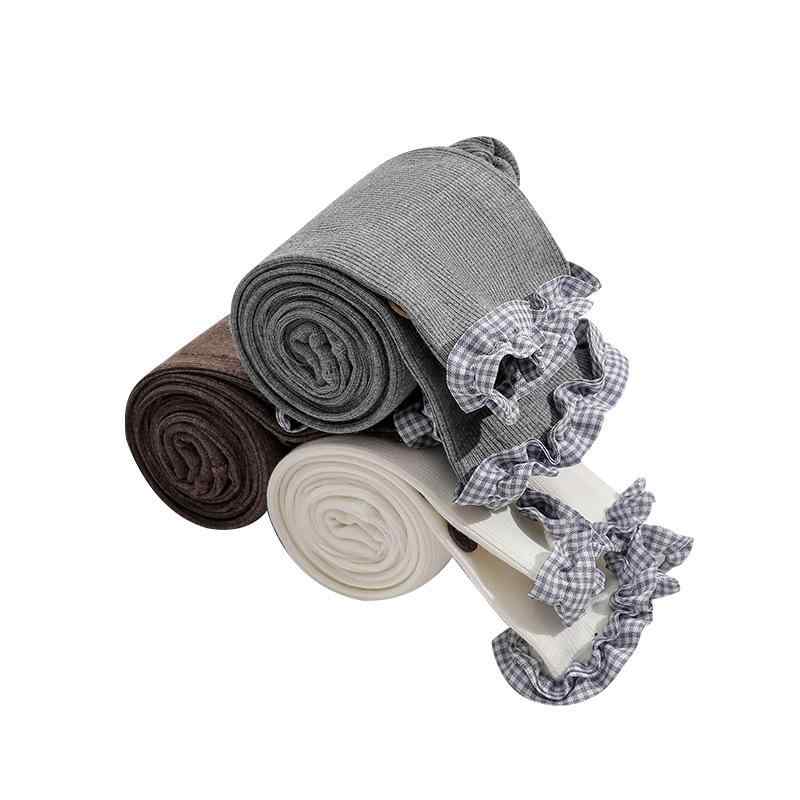 レギンス キッズ 女の子 春秋 ブルー チェック柄 フリル ダブルボタン 九分丈 クロップドパンツ スパッツ ミドルウエスト 綿 コットン 韓国風 普段使い お出かけ