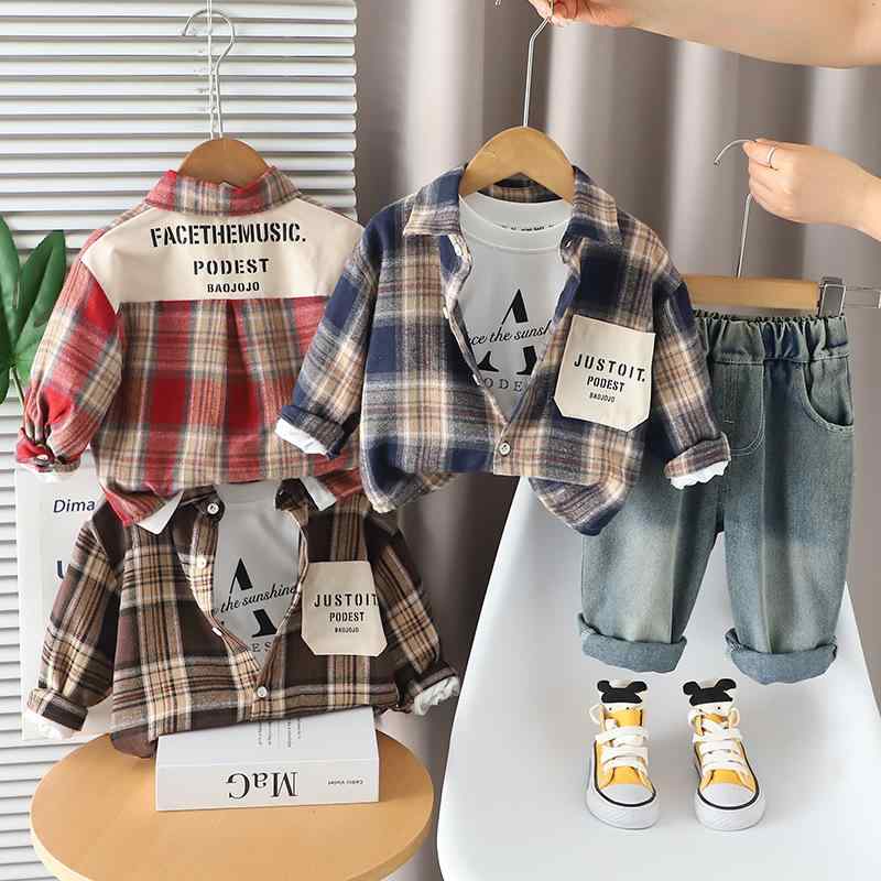 ベビー 男女兼用 韓国風 アルファベット チェック柄 長袖 シャツ トップス 長ズボン パンツ 普段使い お出かけ 3点セット 綿 ソフト加工 肌触り快適 春秋 3色展開