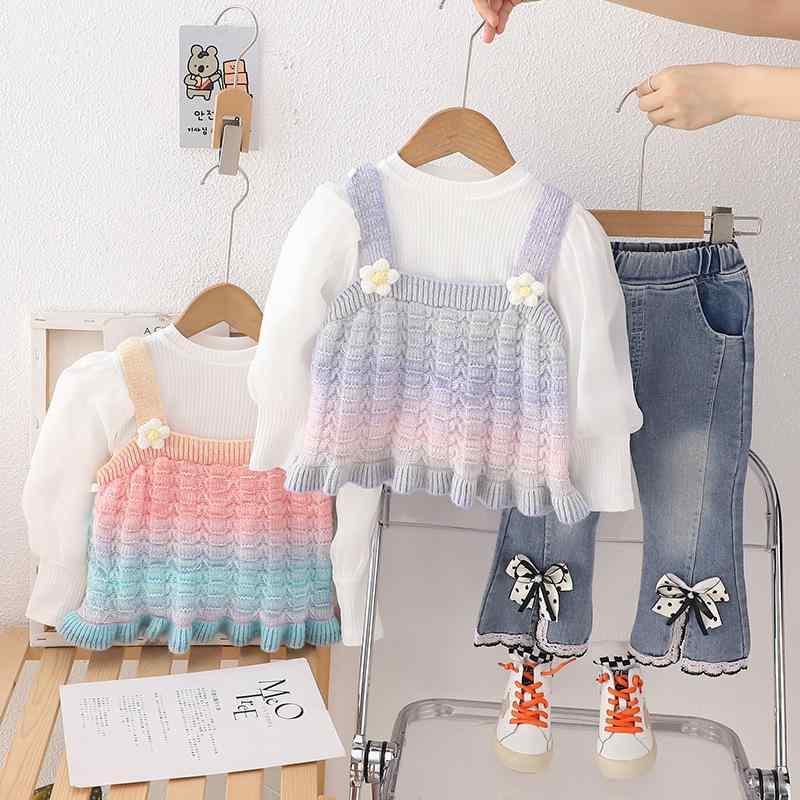 セットアップ キッズ 女の子 ベビー レインボー ニットキャミソール パフスリーブ 長袖トップス デニム..