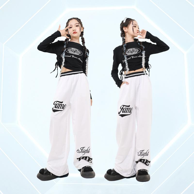ダンス衣装 キッズ 女の子 ジャズダンス ヒップホップ ストリートダンス 韓国風 へそ出し 長袖 ショート丈 トップス 黒 ロングパンツ 白 セットアップ 発表会 舞台 レッスン着 春秋