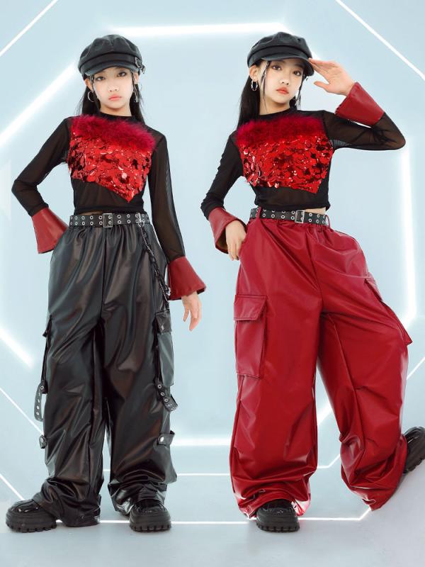キッズダンス衣装 女の子 ガールズ ヒップホップ ジャズ ストリートダンス クール かっこいい スパンコール メッシュ トップス レザー風 ロングパンツ セットアップ 発表会 イベント ステージ衣装