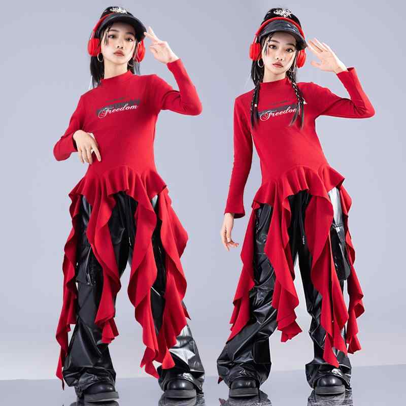 ダンス 衣装 女の子 キッズ ジャズダンス 発表会 ステージ ファッションショー イベント 変形 トップス レザー パンツ セットアップ 綿 おしゃれ クール 華やか