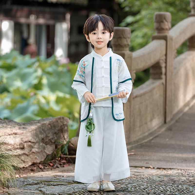 漢服 子供 男女兼用 中国風 発表会衣装 国学装 長袖 ホワイト パール飾り 水郷モチーフ セットアップ ..