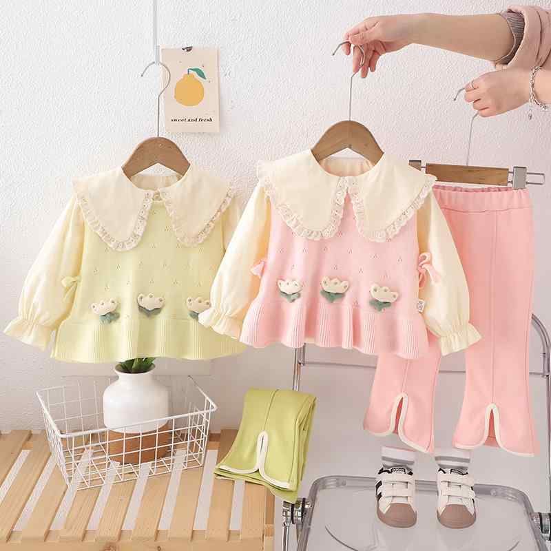 セットアップ 女の子 ベビー 立体チューリップ ジレ フリル ビッグカラー 長袖 トップス コットン 韓国..