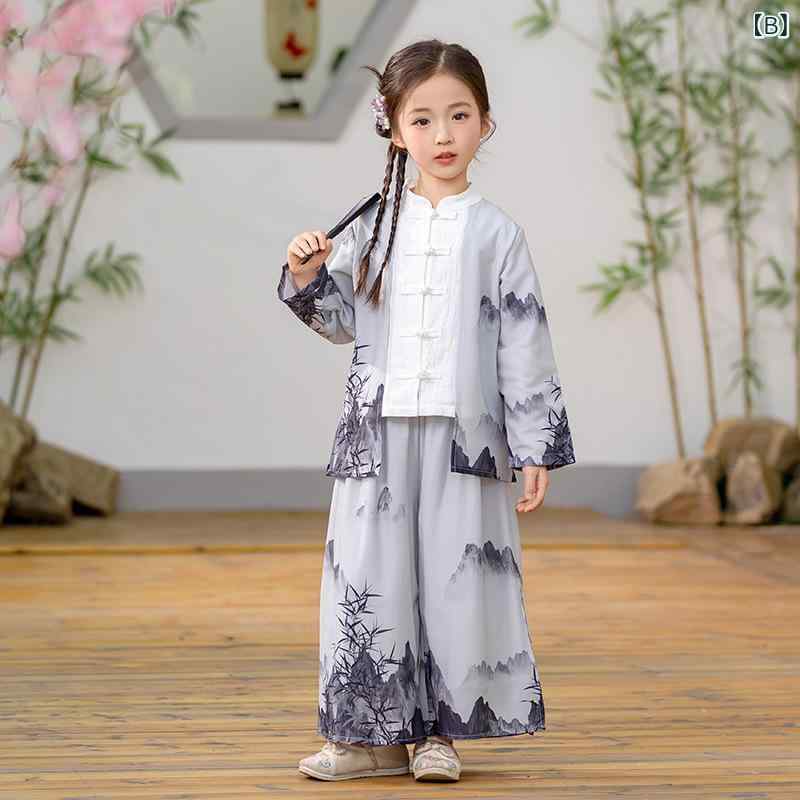 キッズ 漢服 男の子 女の子 中華風 古風 伝統衣装 発表会 舞台 イベント 学芸会 セットアップ ゆったり 柔らかい 春秋 綿 3