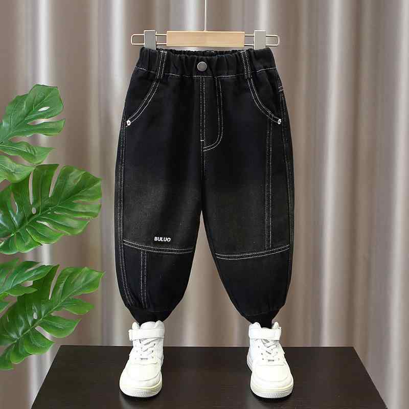 デニムパンツ 男の子 キッズ ボーイズ 春秋 綿 コットン 黒 ブラック 白ステッチ ウエストゴム カジュアル おしゃれ ロング丈
