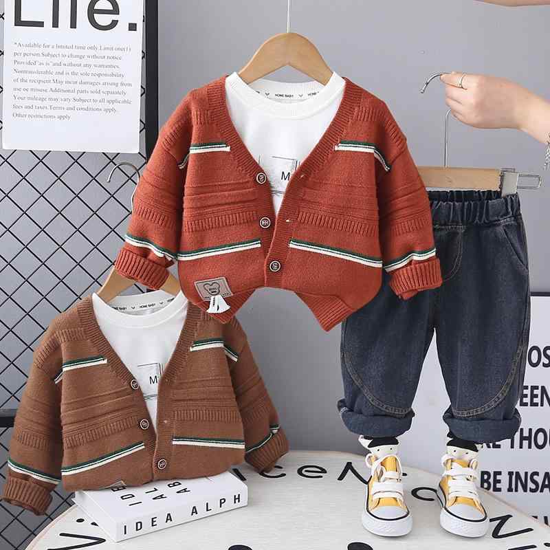 ベビー服 男の子 秋冬 カーディガン ニット アウター 長袖 デニム 切り替え 3点セット 韓国風 綿 コッ..