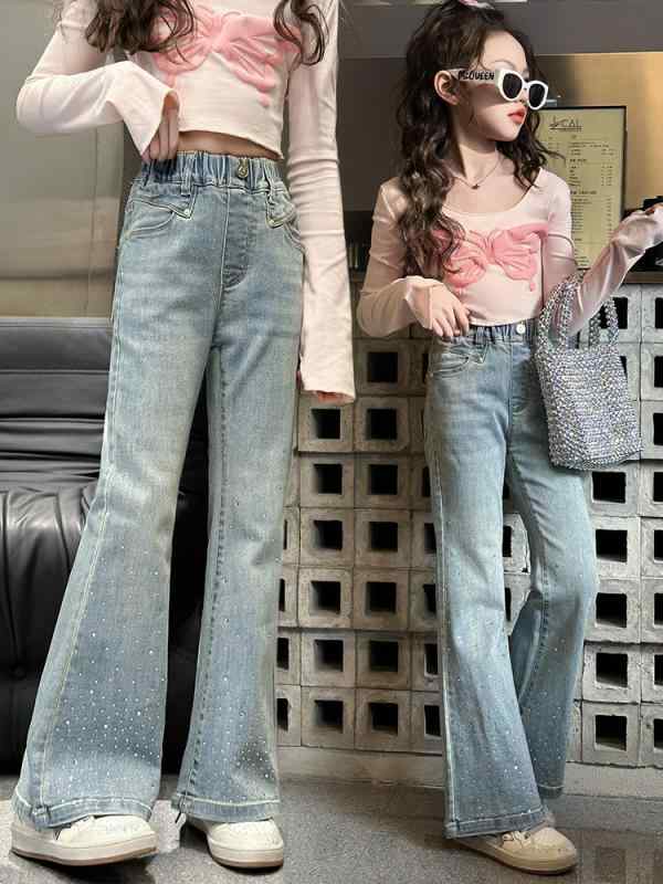 デニムパンツ ガールズ キッズ ジュニア 春秋 ロング丈 ラインストーン キラキラ フレアシルエット 綿 ..