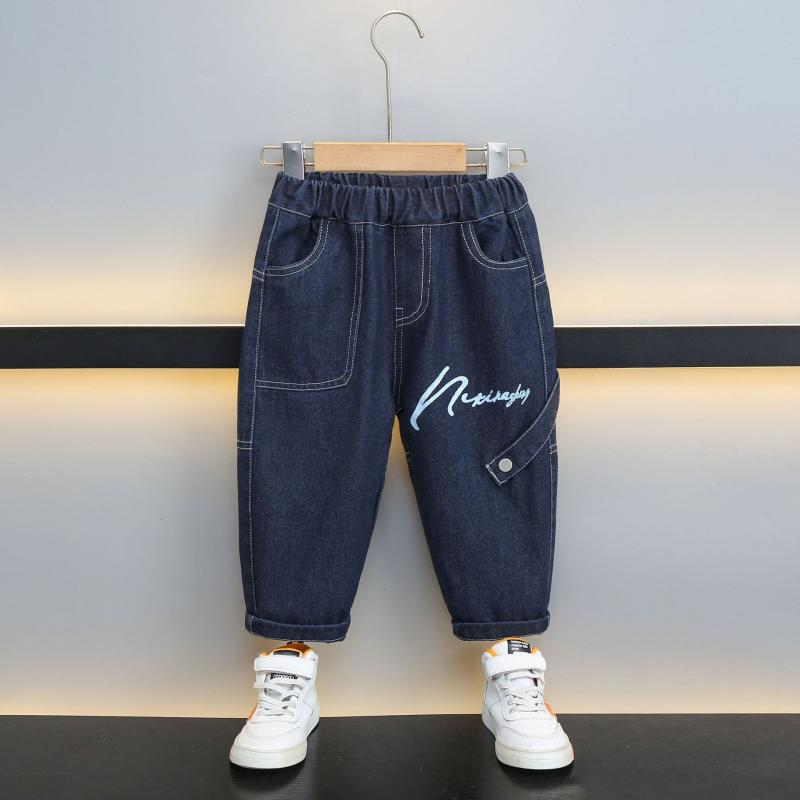デニムパンツ 男の子 ボーイズ キッズ 春秋 カジュアル かっこいい おしゃれ 普段使い 通園 通学 着回し抜群 ロング丈 ゆったり ルーズフィット コットン 綿 ジーンズ ウエストゴム ミドルウエスト ロゴ入り