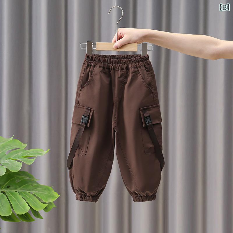 パンツ 男の子 キッズ 小学生 ジュニア 春秋 カジュアル カーゴ ワーク ロング フルレングス 綿 コットン ソフトタッチ 柔らか 快適 おしゃれ トレンド 普段使い 通学 ウエストゴム ブラック ブラウン