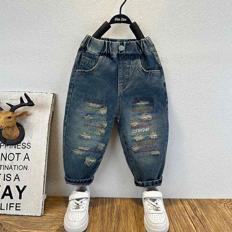 キッズ 男の子 デニムパンツ ジーンズ 春秋 綿 コットン ダメージ加工 ワイド バギーパンツ ロング丈 韓国ファッション おしゃれ カジュアル 普段使い 子供服 男児