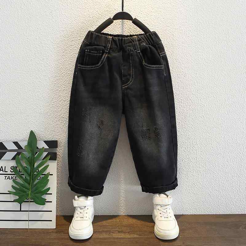 デニムパンツ 男の子 キッズ ジュニア 春秋 綿 コットン 韓国風 ストリート ダメージ加工 クラッシュ ジーンズ カジュアル おしゃれ トレンド かっこいい 黒 ブラック ロング丈 ゴムウエスト ミッドウエスト