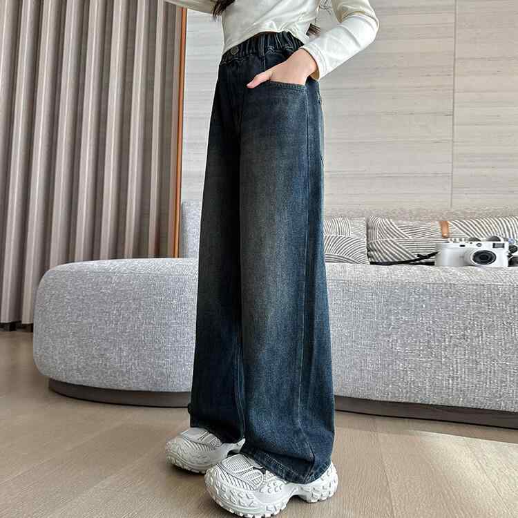 パンツ 女の子 キッズ ジュニア デニム ストレート ワイド ロングパンツ 韓流 おしゃれ カジュアル 綿..