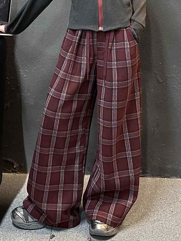 パンツ ガールズ ジュニア 秋冬 裏起毛 厚手 チェック柄 ワイドパンツ ロング丈 ゆったり コットン 赤 ..