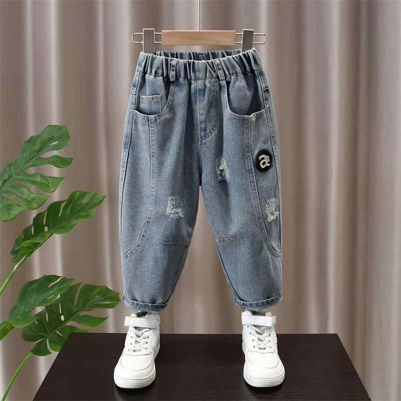 キッズパンツ 男の子 デニム ロングパンツ ゆったり ルーズフィット ダッシュ クラッシュ カジュアル 普段着 おしゃれ 無地 ミッドウエスト ウエストゴム 綿 コットン 春秋