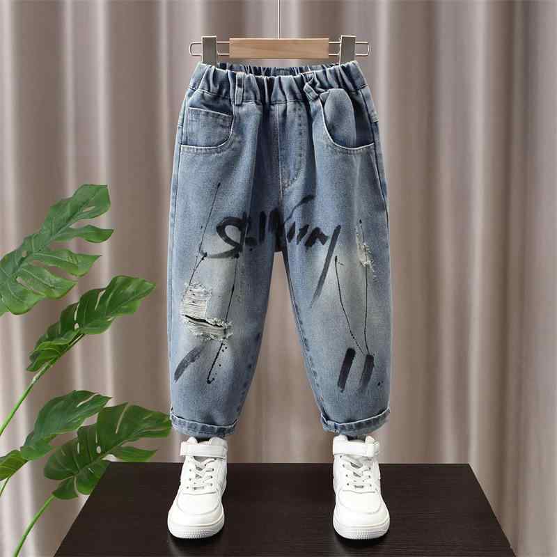 パンツ 男の子 キッズ ジュニア コットン 綿 デニム ロング丈 春秋 ダメージ 英字プリント カジュアル ..