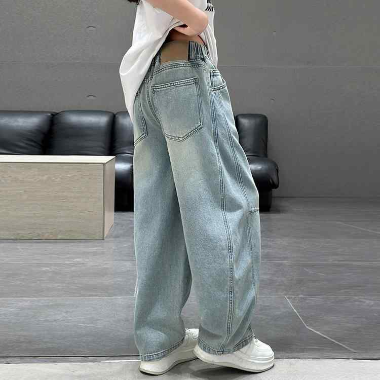 ジーンズ ガールズ ジュニア 女児 春秋 ブルー 綿 コットン ゆったり ルーズ ワイド カーブパンツ おし..