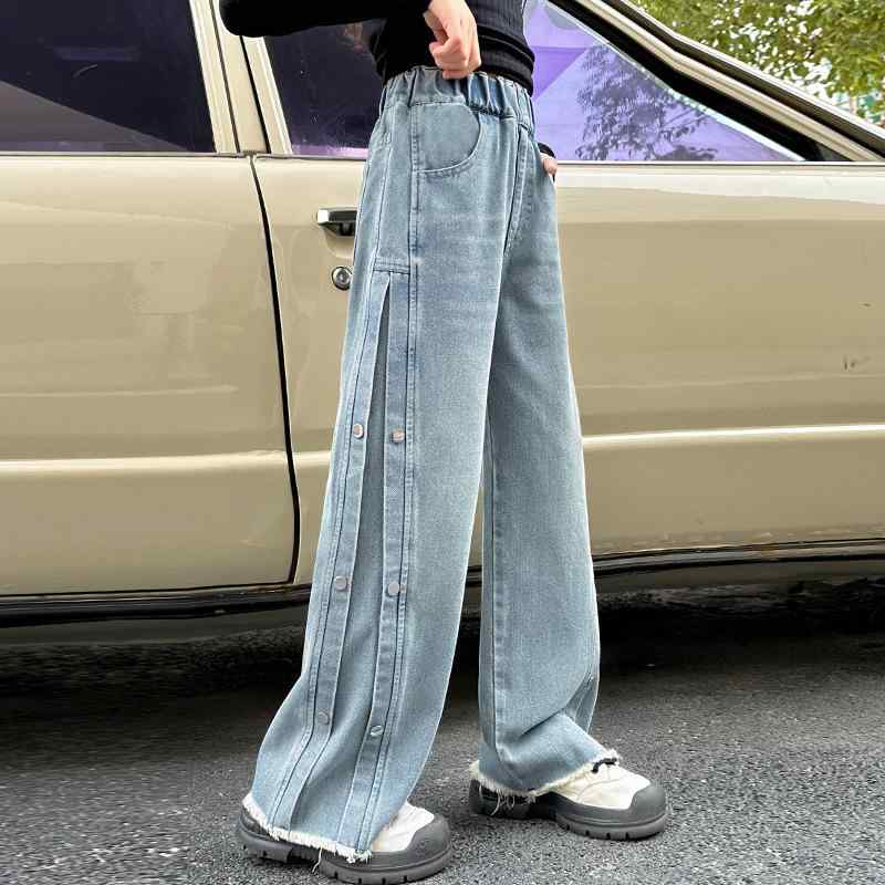 パンツ 女の子用 ジュニア ガールズ デニム ジーンズ 春秋 切り替え ワイドパンツ スタッズ 飾りボタン..