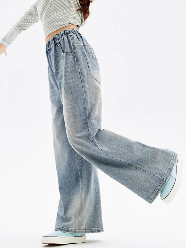 童パンツ 女の子 ジュニア 中学生 デニム ワイドシルエット ロング丈 綿 コットン ゆったり カジュアル..