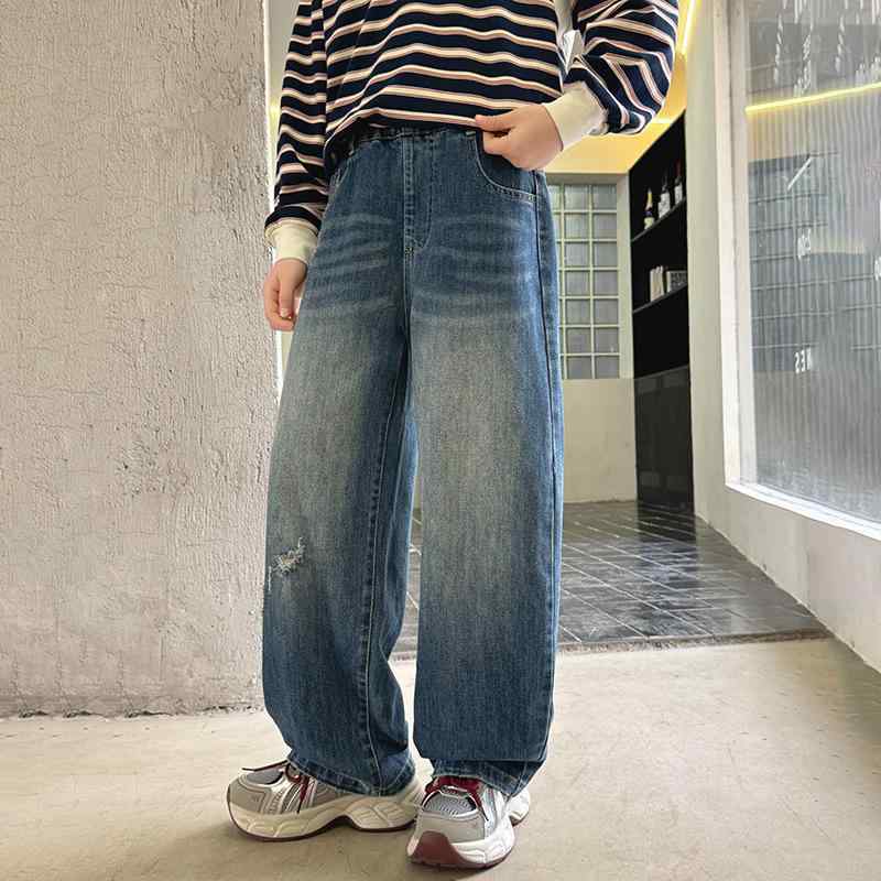 デニムパンツ 女の子 ガールズ ジュニア 小学生 中学生 春 カジュアル ゆったり ワイドレッグ ブルー ..