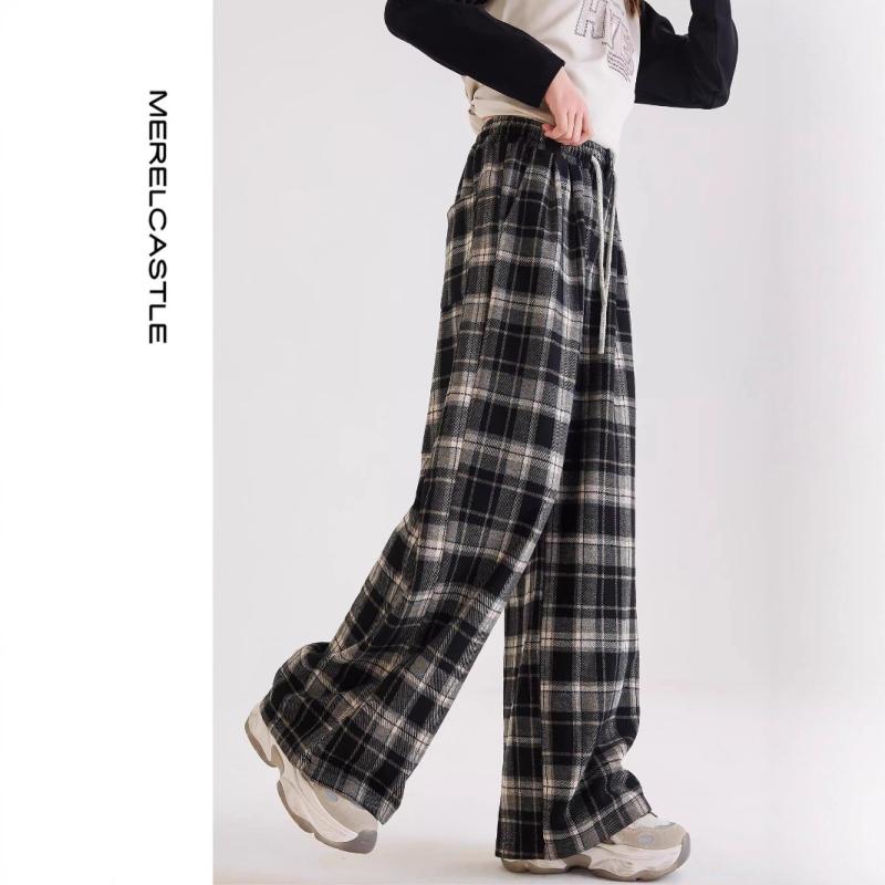 パンツ 女の子 ジュニア 春秋 チェック柄 おしゃれ カジュアル ワイドシルエット ロング丈 ウエストゴ..