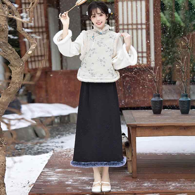 チャイナドレス レディース セットアップ 厚手 秋冬 新中華風 長袖 改良デザイン ポリエステル 若年層向け レトロ ベスト ジレ スタンドカラー 斜め襟 普段使い 大人カジュアル 文芸調 クラシック 2点セット